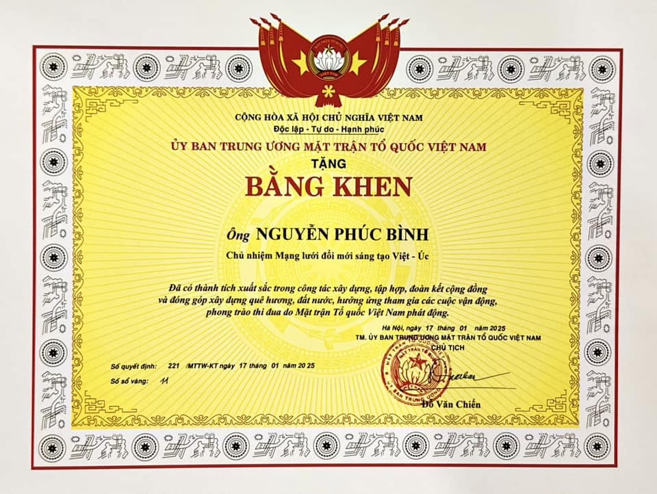Certificate of Merit from the Vietnam Fatherland Front Central Committee awarded to Nguyễn Phúc Bình