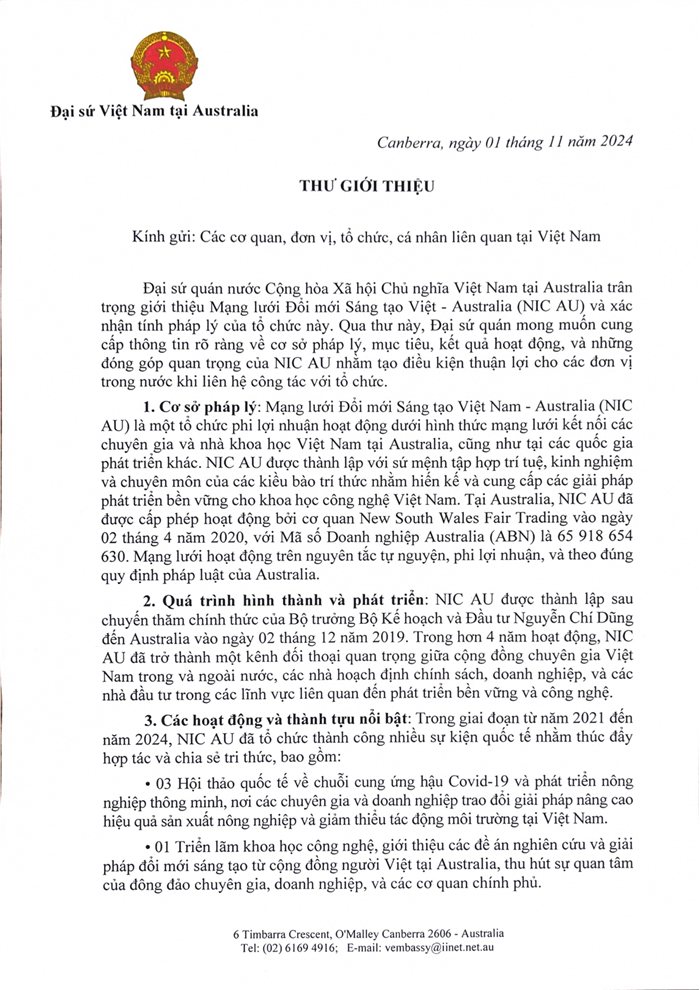 Official Letter of Introduction from the Embassy of Vietnam in Australia
