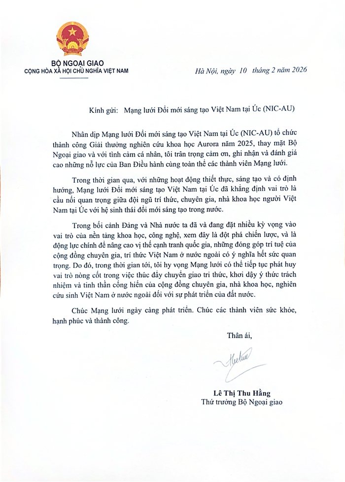Official letter of recognition from Deputy Minister Lê Thị Thu Hằng