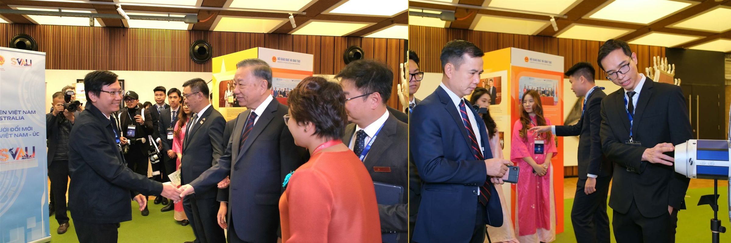 Left, an NIC AU representative greeting General Secretary and President To Lam beside the network's banner; right, an NIC AU expert demonstrating research equipment. Vietnam-Australia Tech Connect Forum, Sydney, August 2026